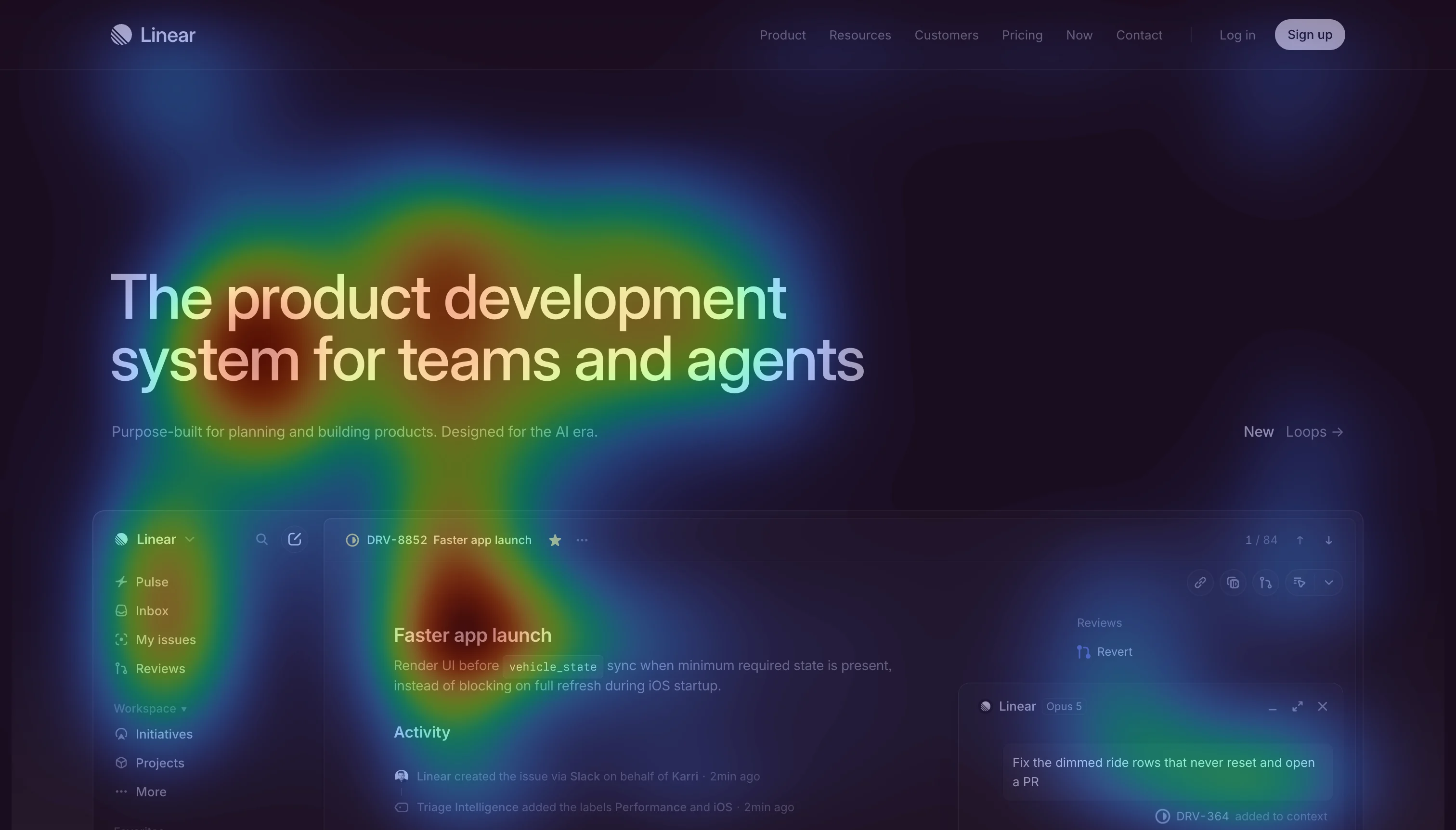 Saved AttentionProof prediction over the same Linear design, with stronger heat on the headline and product preview than on the header actions