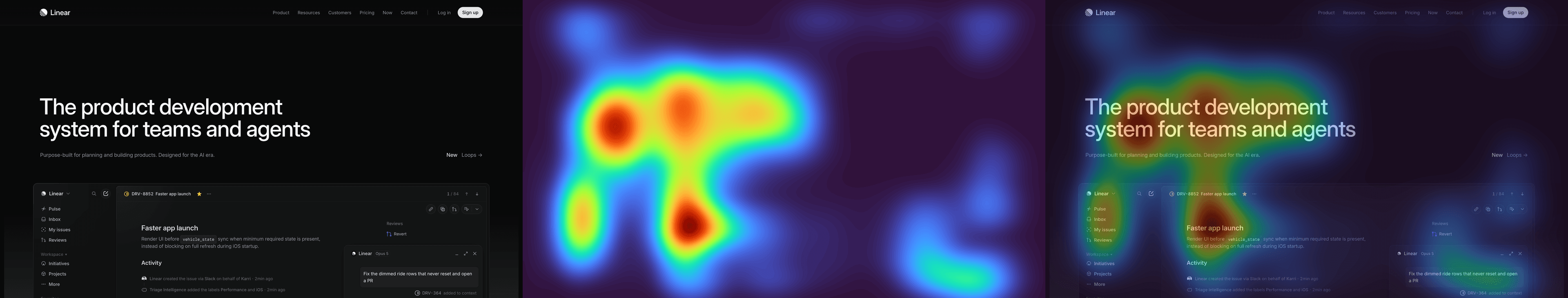 AttentionProof triptych showing the Linear original, predicted heatmap and overlay, with warm areas on the headline and product preview