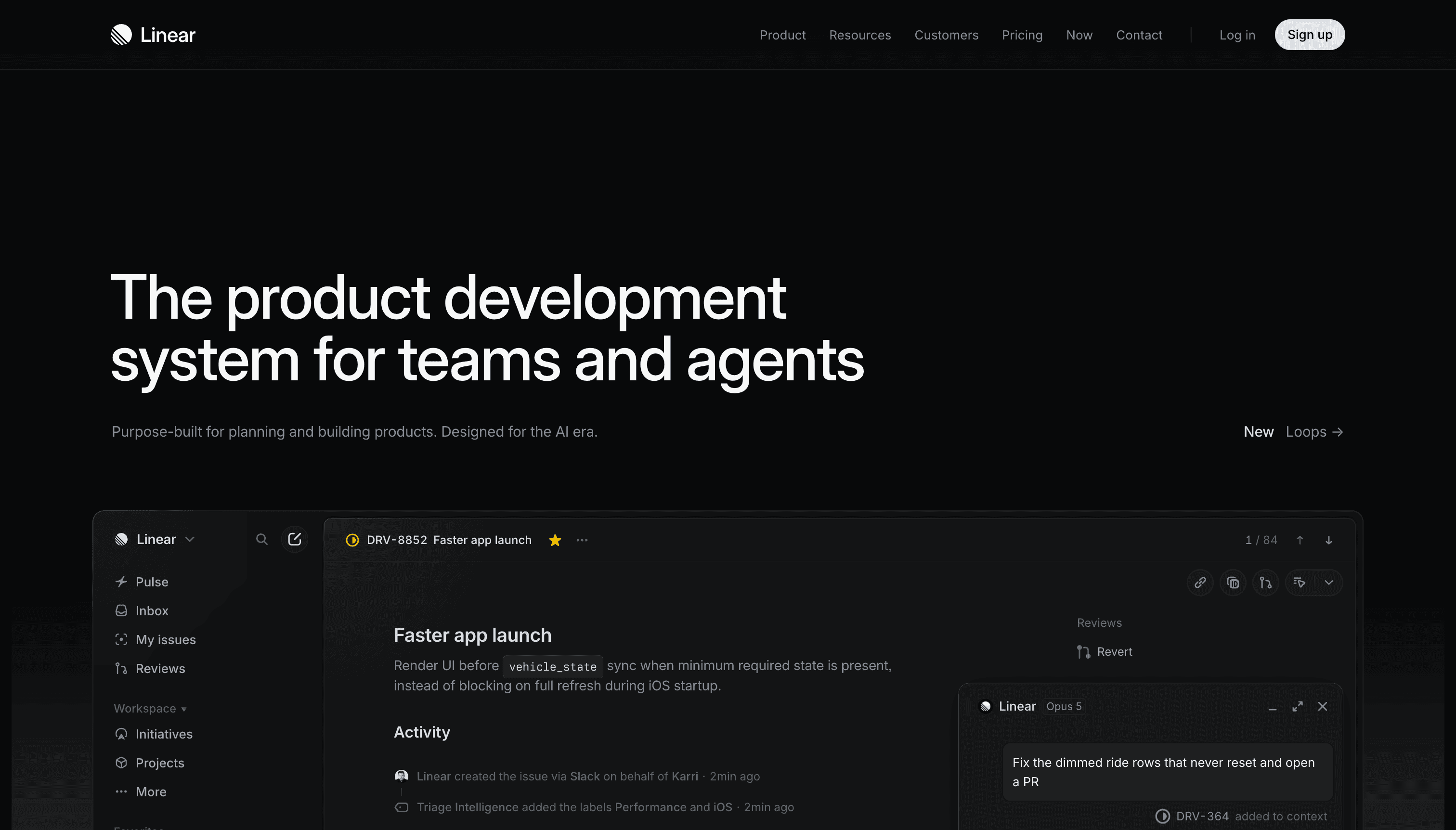 Linear homepage input showing the headline, navigation, New Loops link and product interface preview