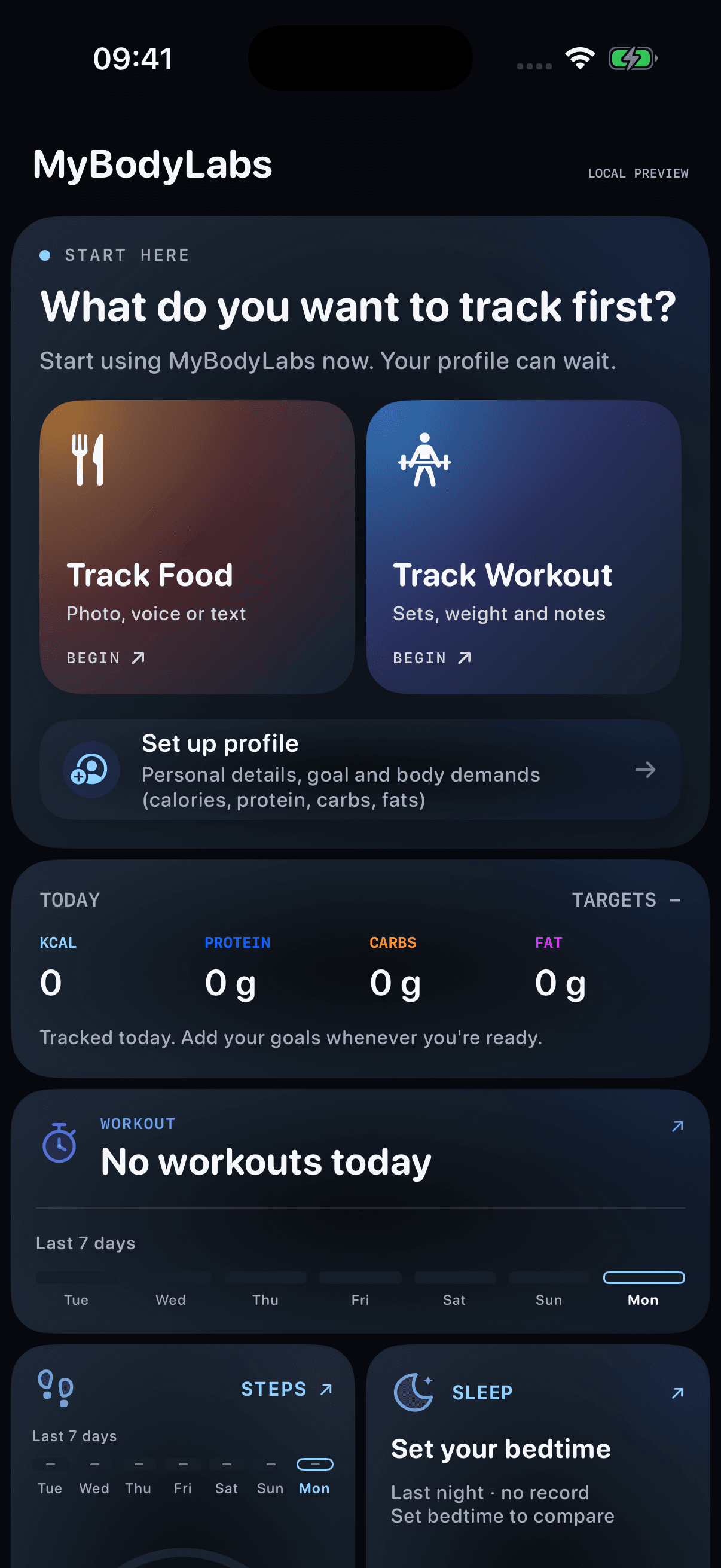 MyBodyLab 2.7.4 fresh Home with large Track Food and Track Workout cards and a smaller Set up profile row