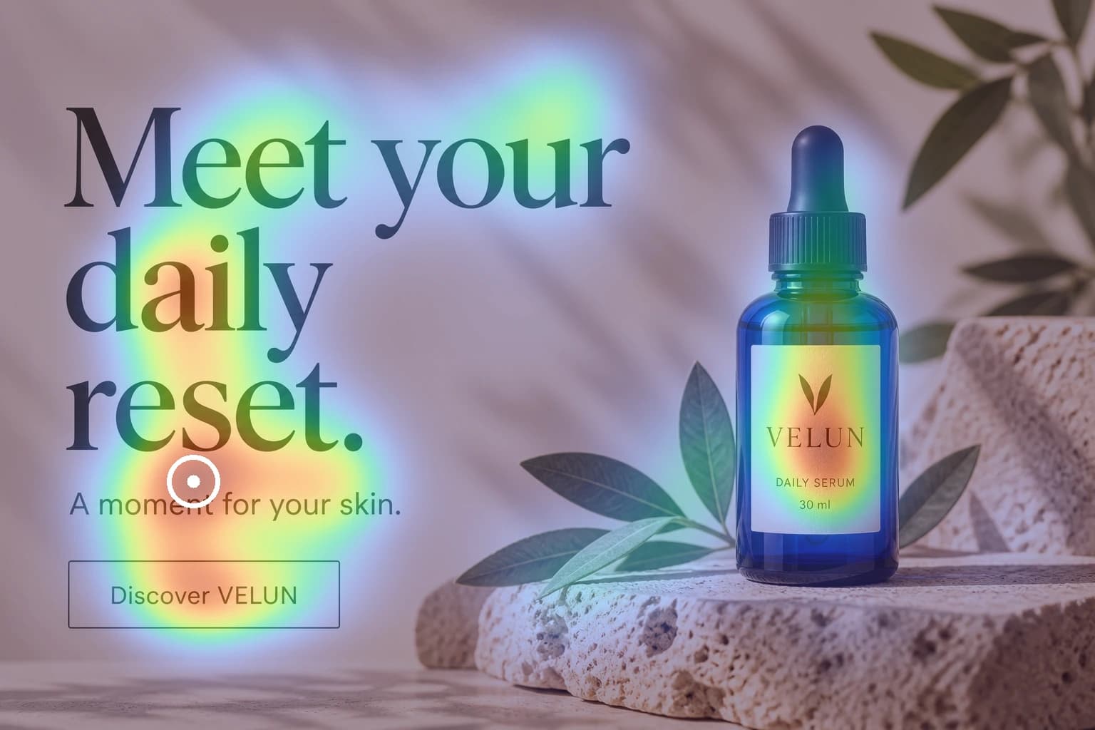 Original VELUN ad with a cobalt serum bottle, with its real predicted attention overlay
