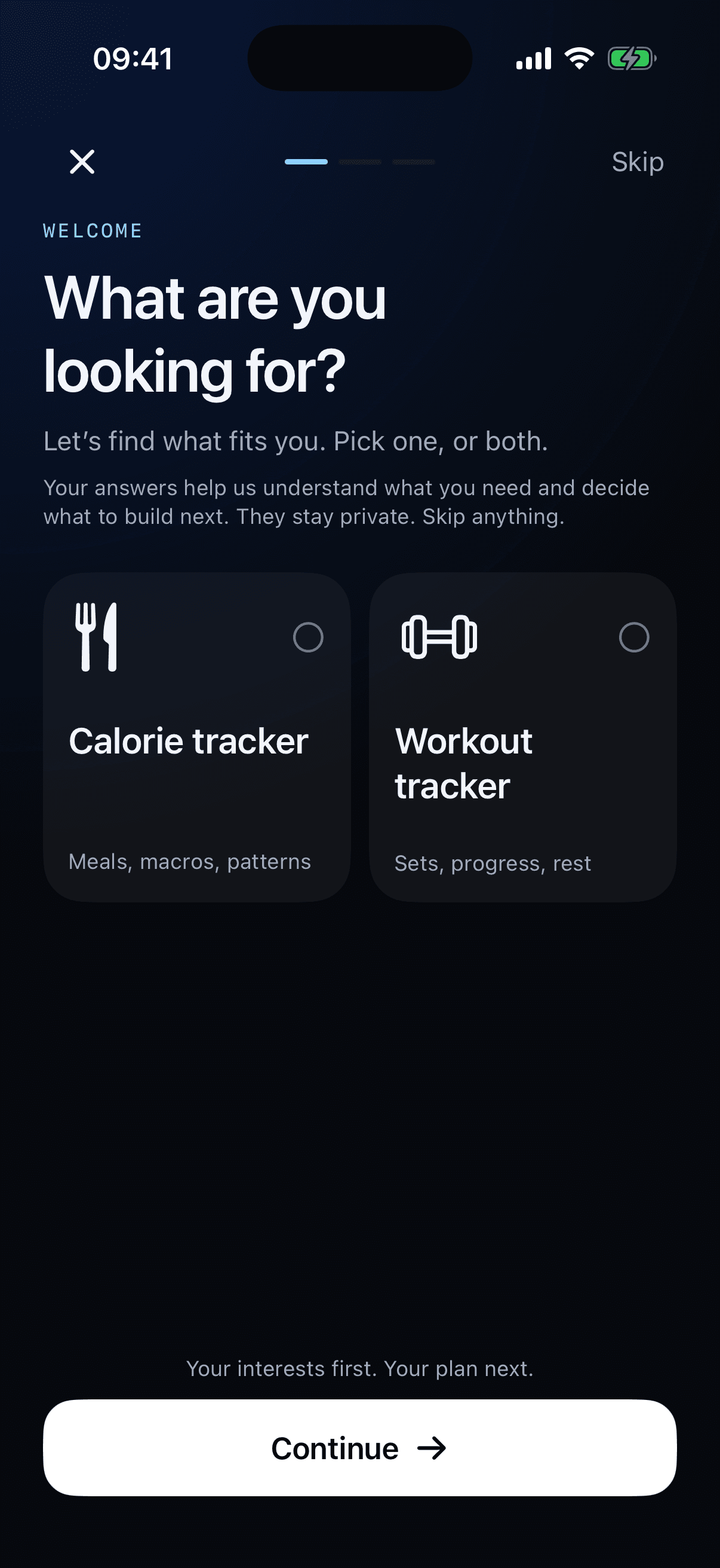 MyBodyLab's actual current onboarding question, with choices for calorie tracking and workout logging and a large white Continue button