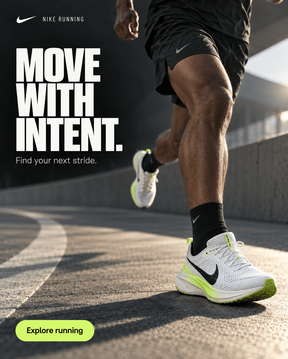 Illustrative running ad concept with Move with intent text and a running shoe in the foreground
