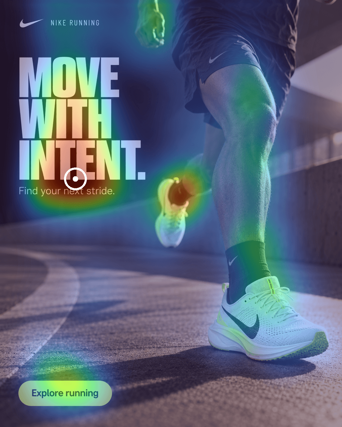 Predicted attention heatmap over the illustrative running ad concept